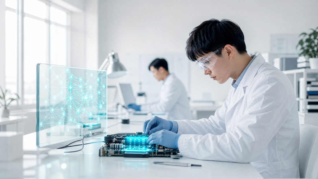 Engineers in a bright lab testing AI hardware with digital overlays.