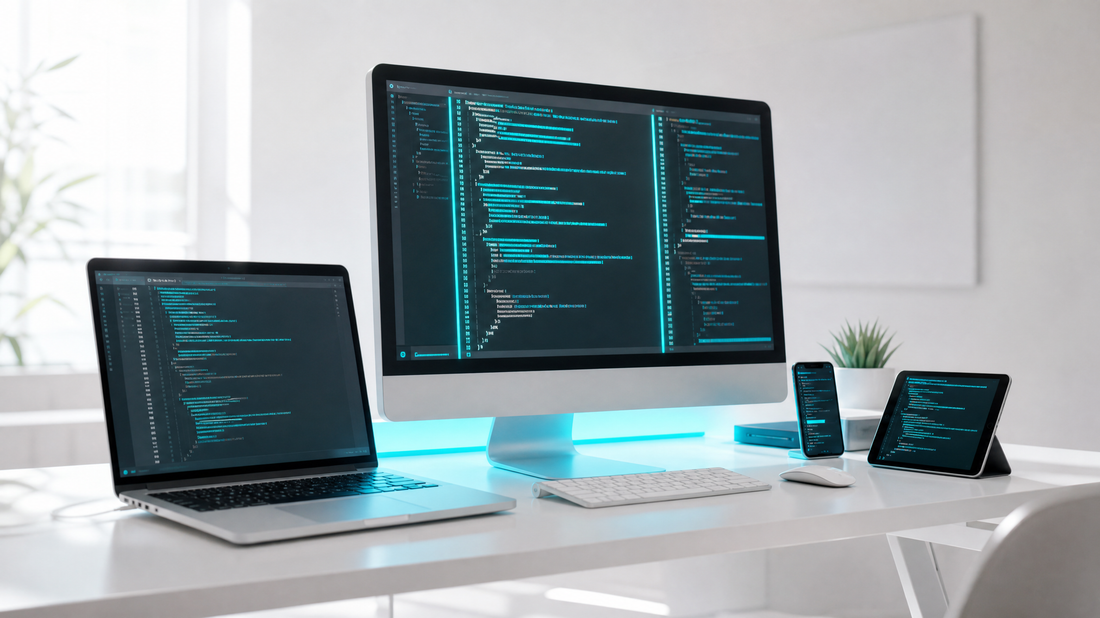 Apple devices on a bright workbench with code running