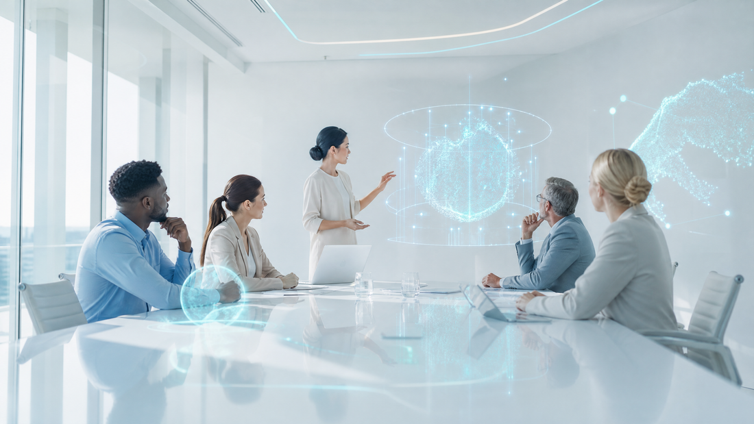 A diverse group at a boardroom table with digital projections on the walls.