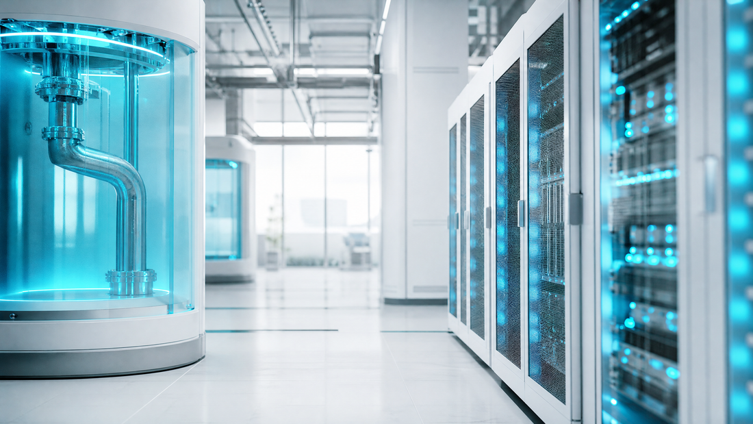 A modern data center with cyan-lit cooling systems