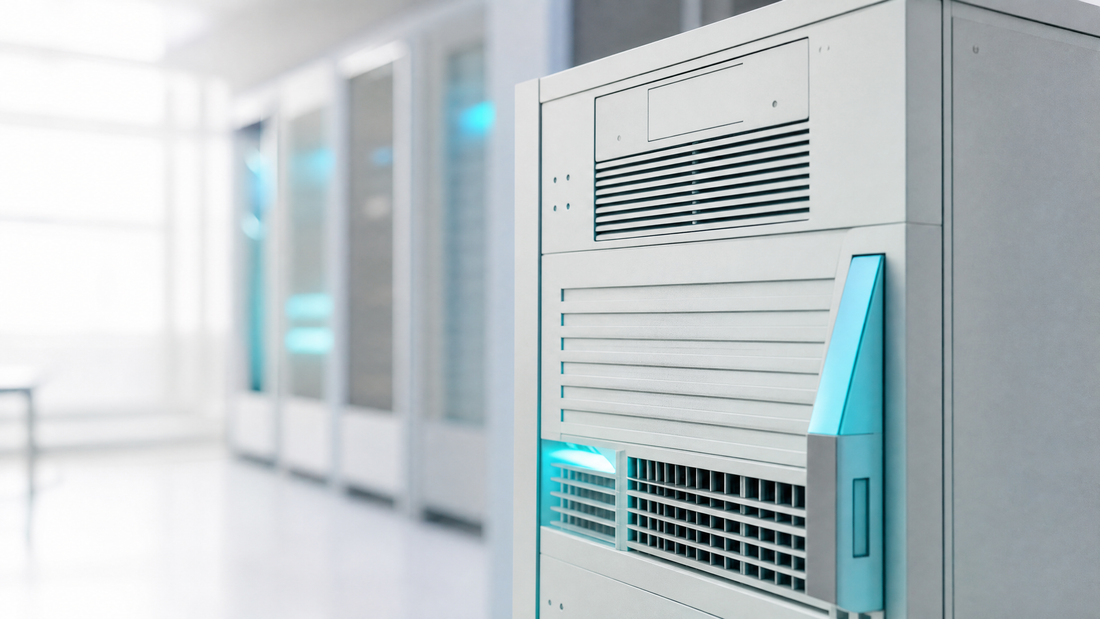 A close-up of vintage web server hardware with blue light reflections