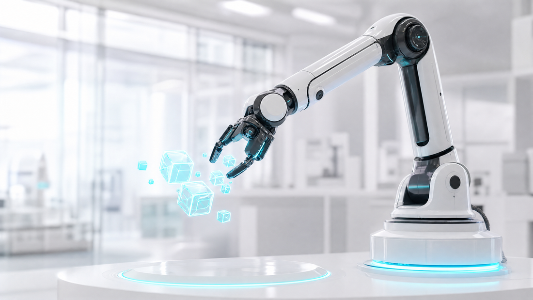 A robotic arm in a sleek, bright lab, manipulating digital objects with cyan light accents.