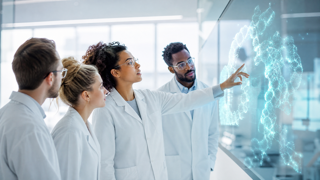 Researchers collaborating with AI tools in a modern workspace