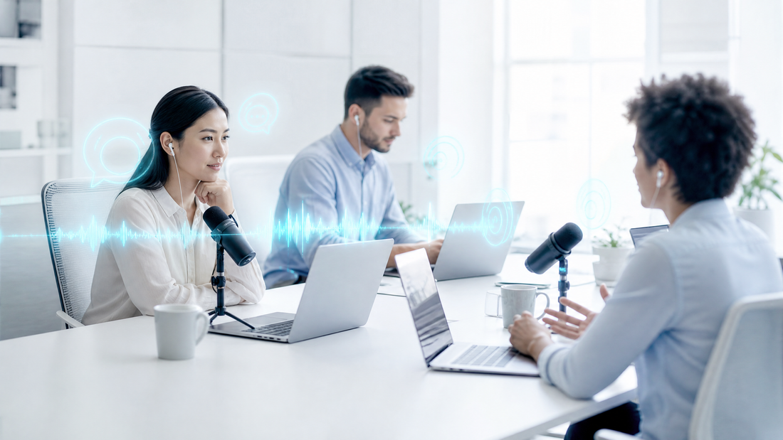 People in a meeting with laptops and microphones, digital sound waves and language symbols in cyan.