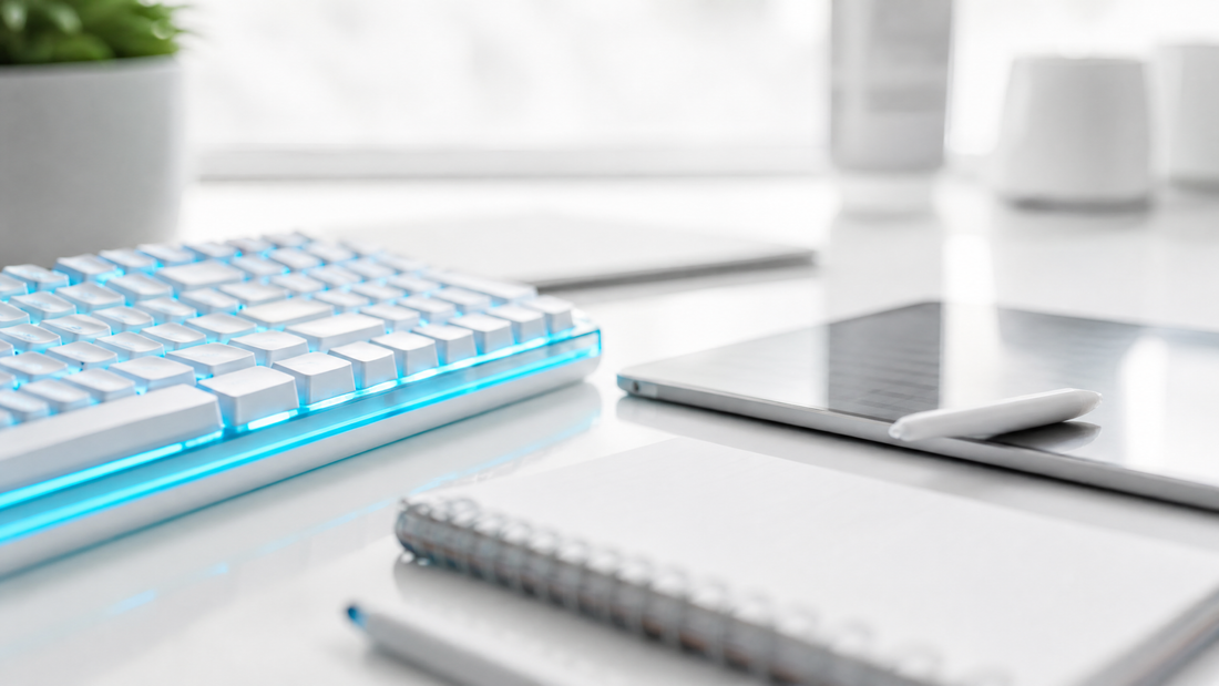 A cyan-lit keyboard beside a digital tablet and notepad.