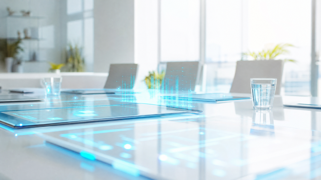 A conference table with digital documents and blue holographic overlays