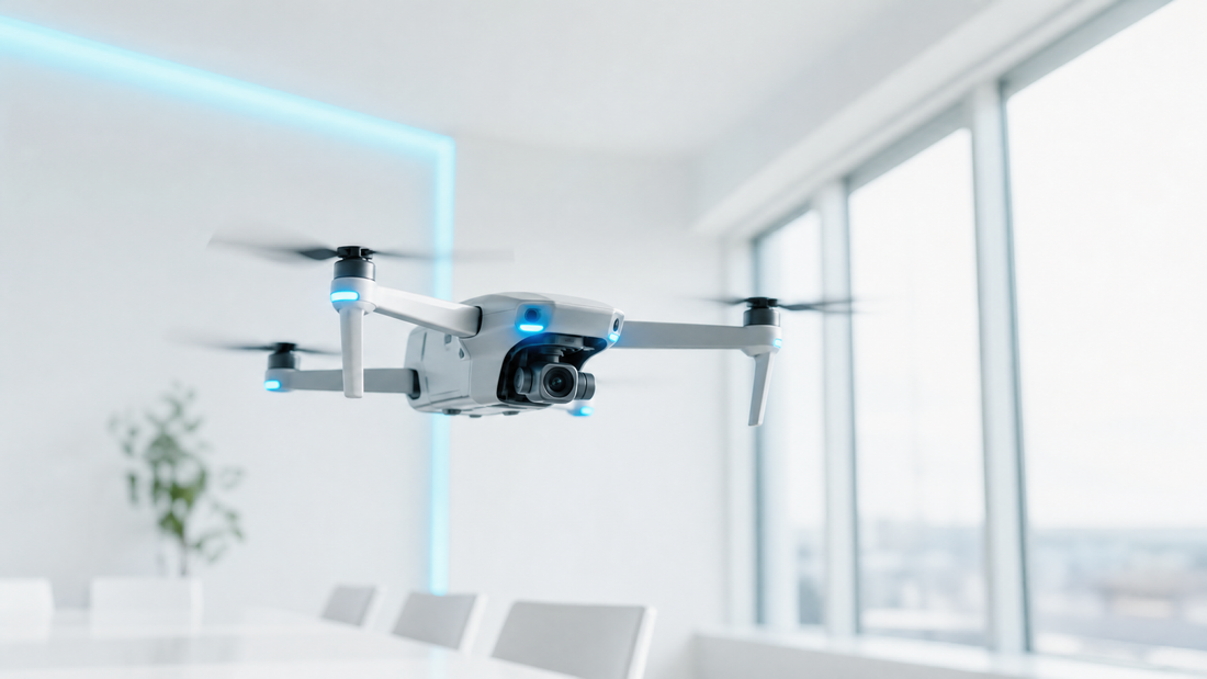 AI-powered drone in a modern meeting room with cyan lighting.