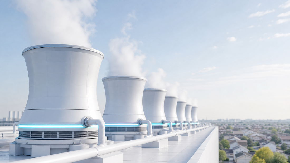 Industrial cooling towers with mist and suburban homes in the background.