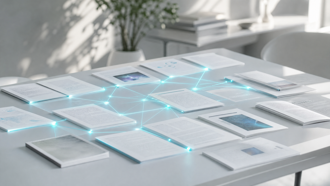 Digital table with research papers and cyan lines linking key terms.