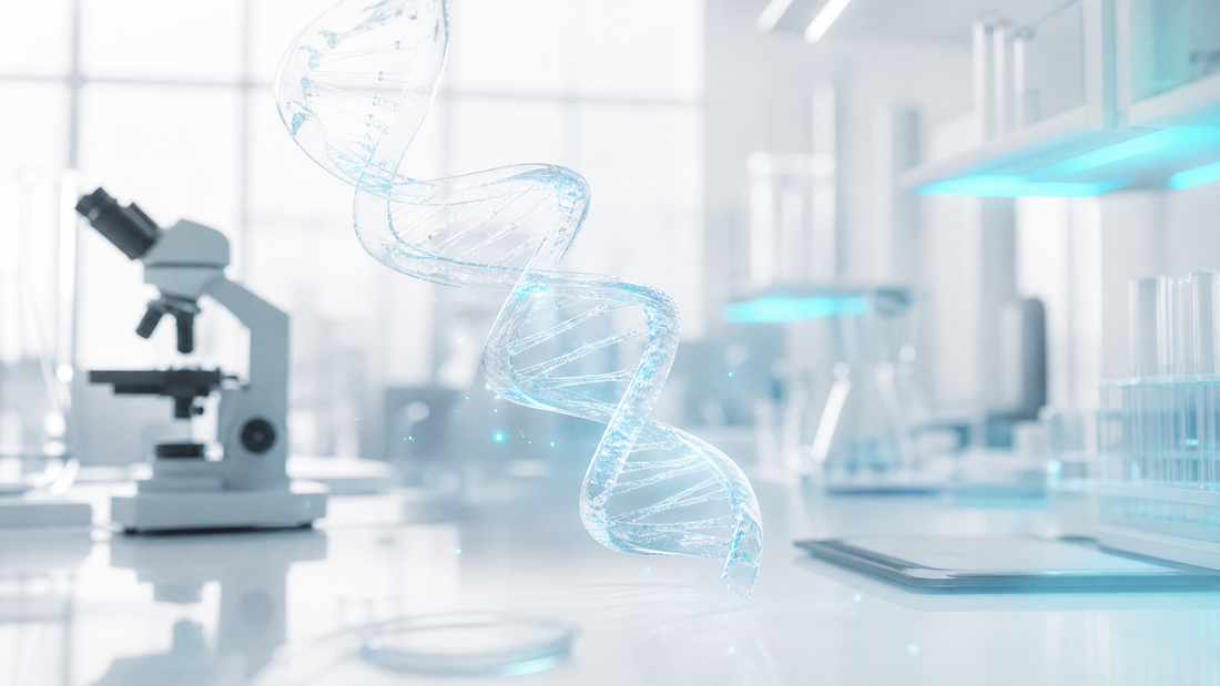 Close-up of a digital DNA strand being analyzed by AI algorithms