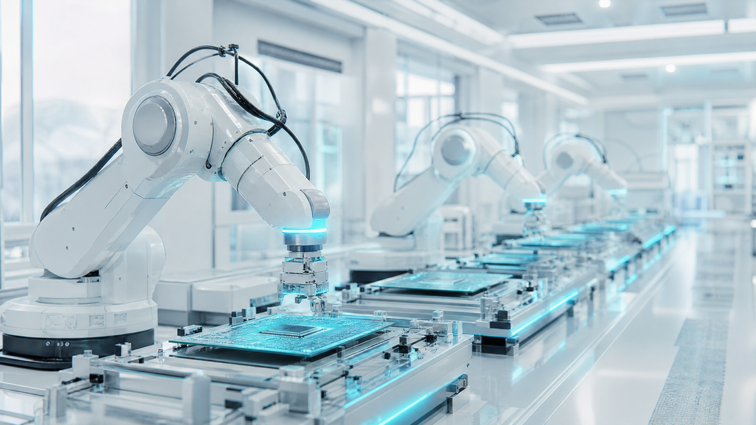 AI chip manufacturing facility with robotic arms and cyan lighting.