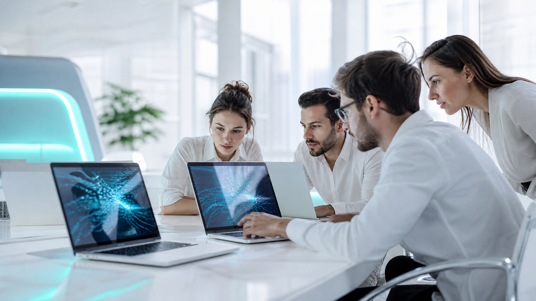 Engineers observing AI-generated code on several laptop screens.