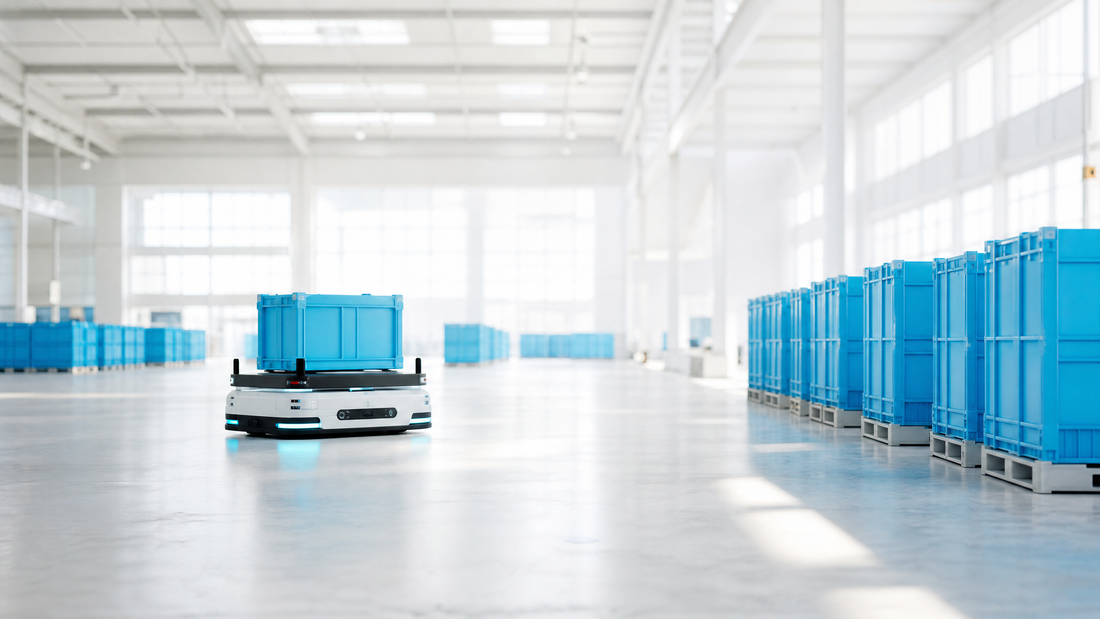 A robot moving between cyan crates in a bright warehouse.