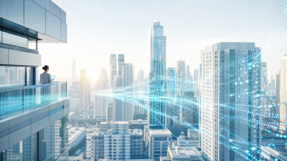 A high-rise urban skyline at dawn with digital data overlays in cyan.