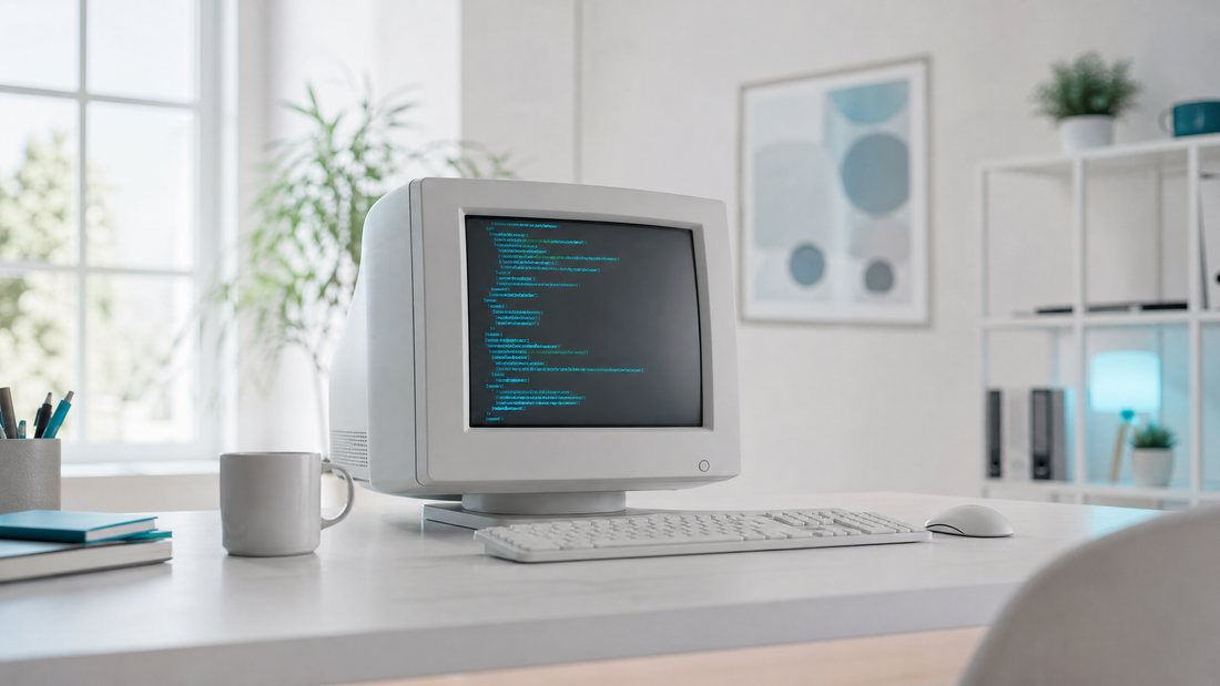 A programmer's desk with old PHP code displayed on a monitor, cyan highlights