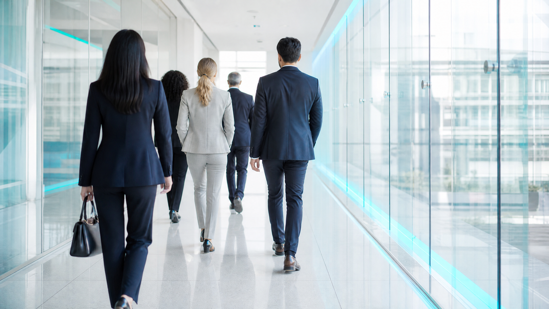 Business professionals walking in a glass corridor with cyan highlights.