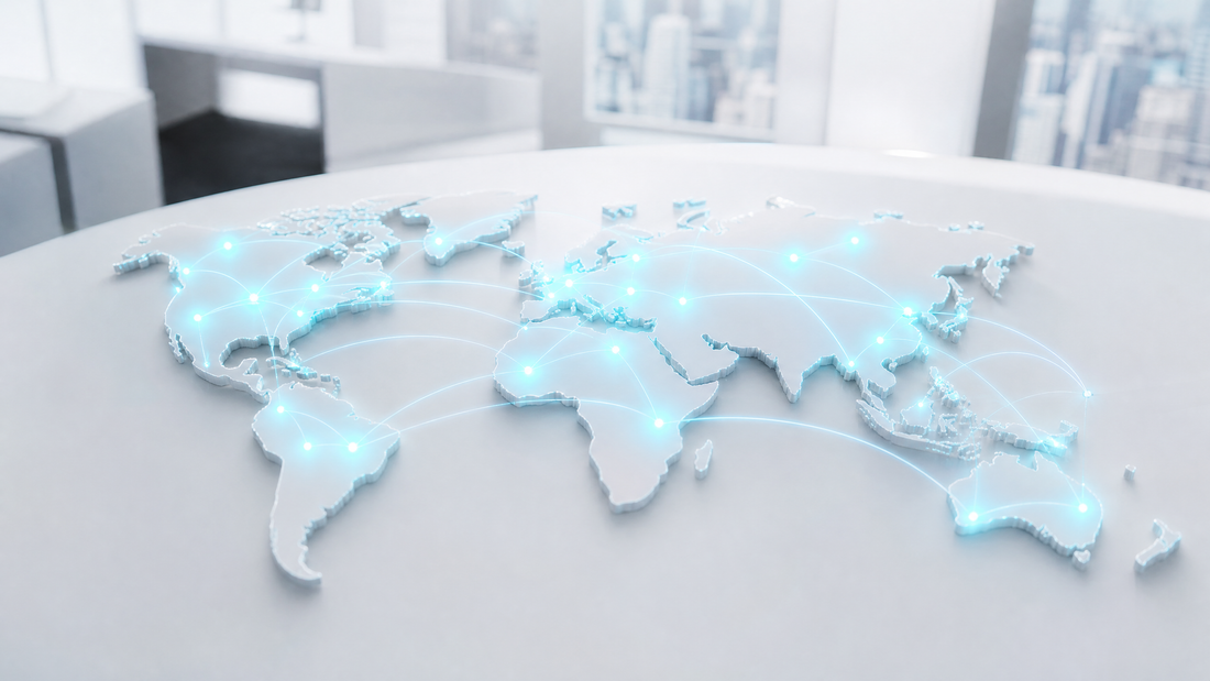 A world map with glowing cyan nodes connected by bright lines, representing global data caching.