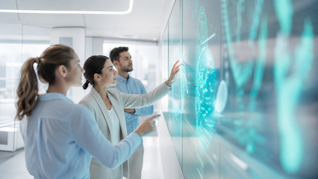 Colleagues collaborating at a digital dashboard highlighted in cyan.