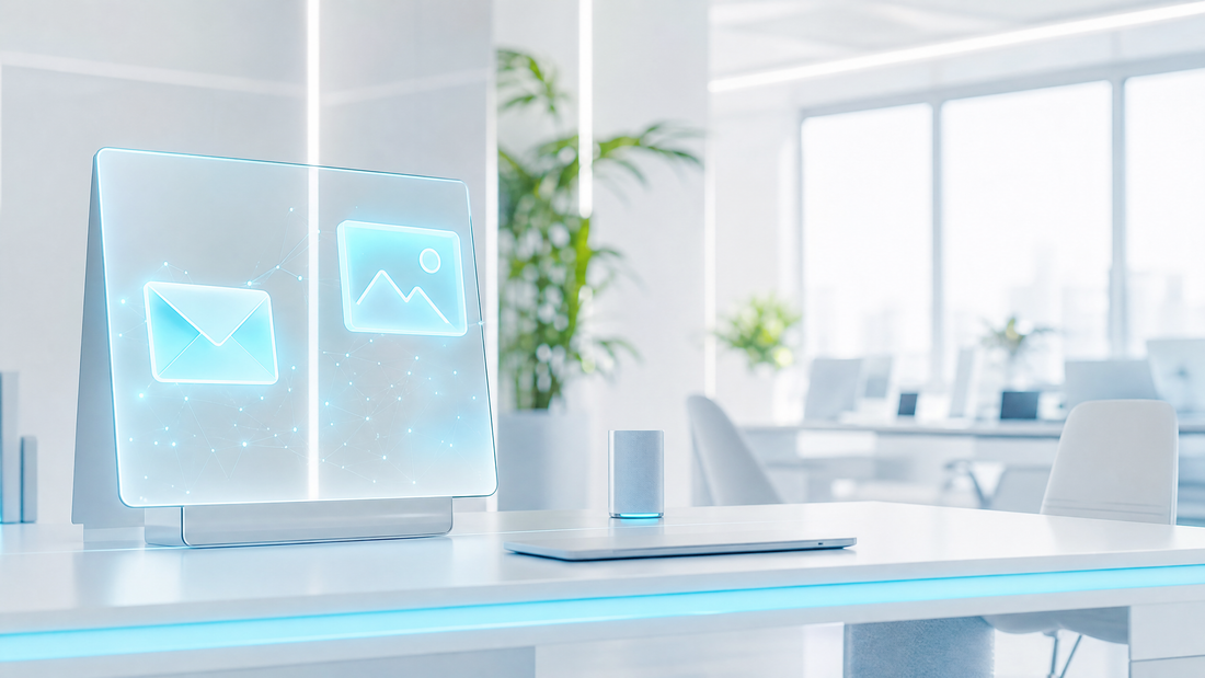 A modern office with AI screens, email and photo icons, cyan accents.