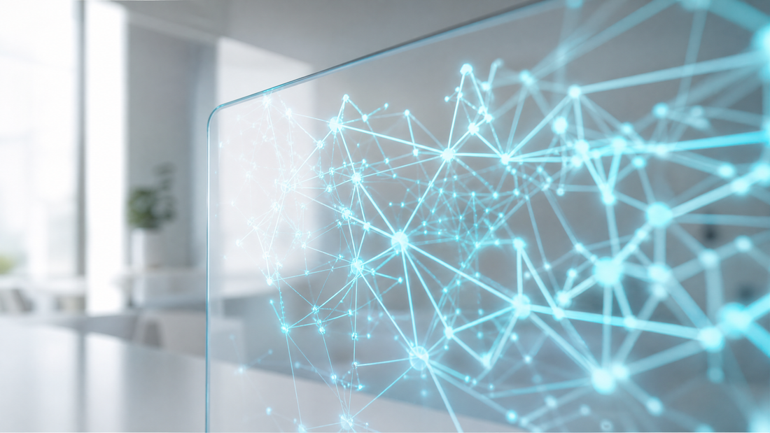 Close-up of a digital neural network visualization on a transparent screen