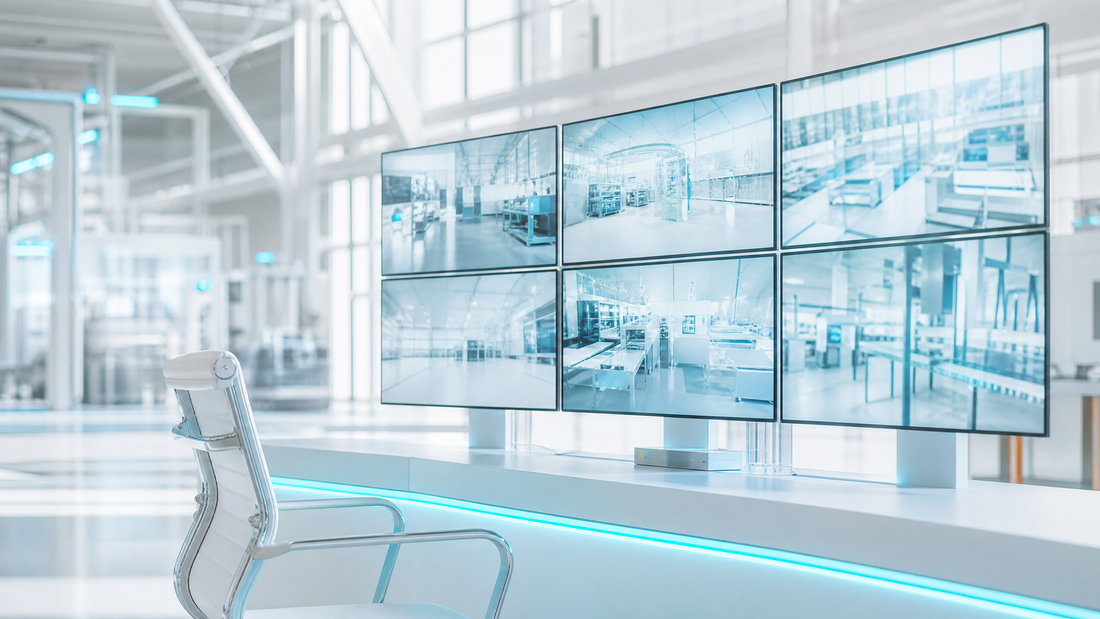 Control room with multiple screens showing factory data, cyan light