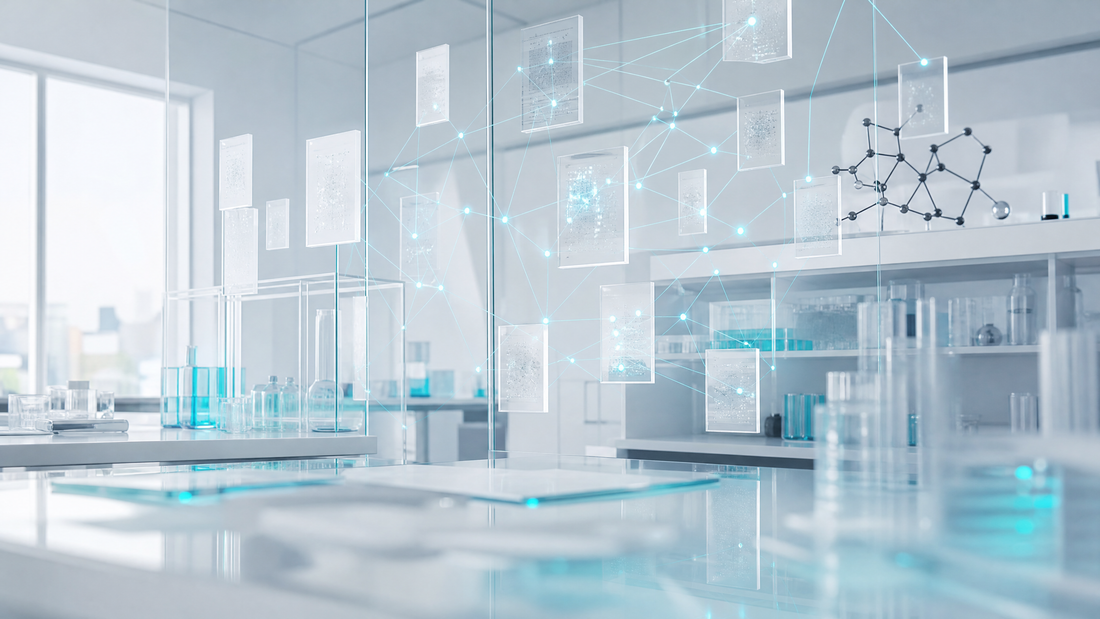 Futuristic research lab with transparent screens, cyan links between papers.