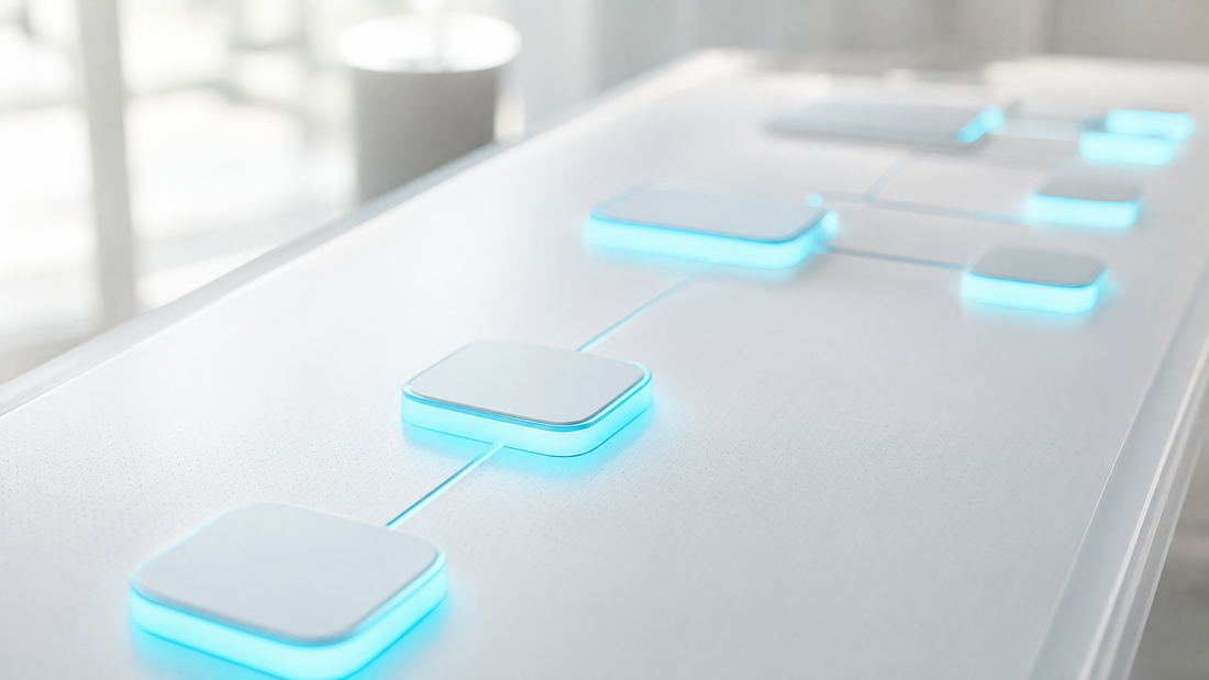 A digital dashboard with cyan workflow steps on a bright display.