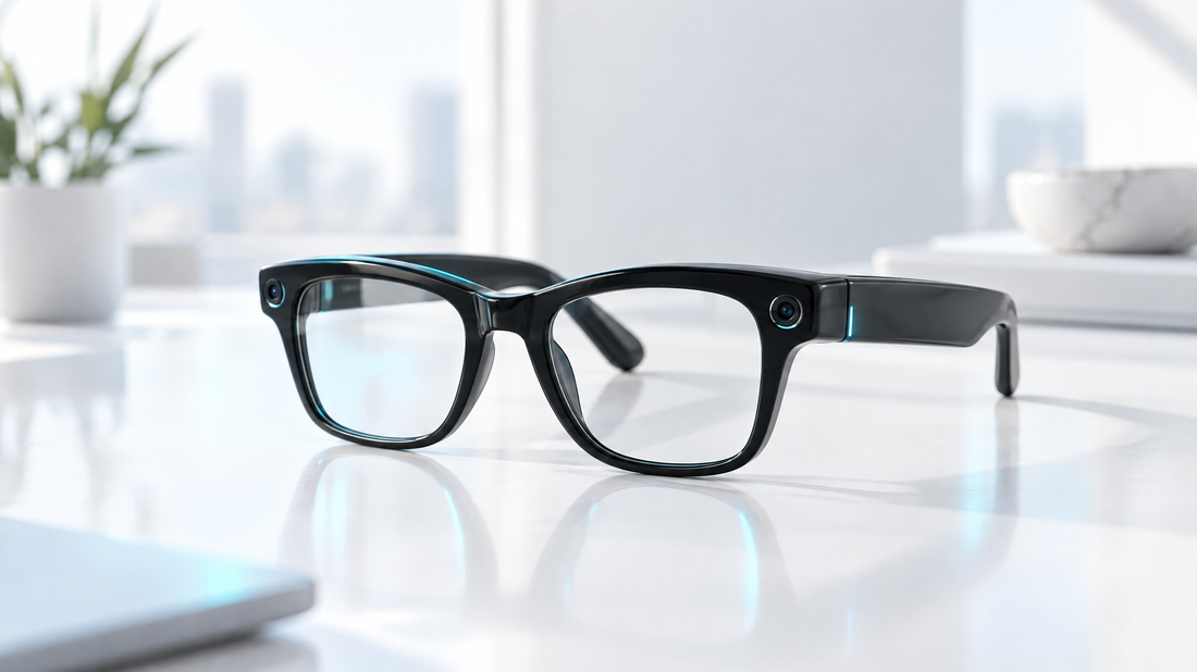 Ray-Ban style smart glasses with cyan highlights on a white table.