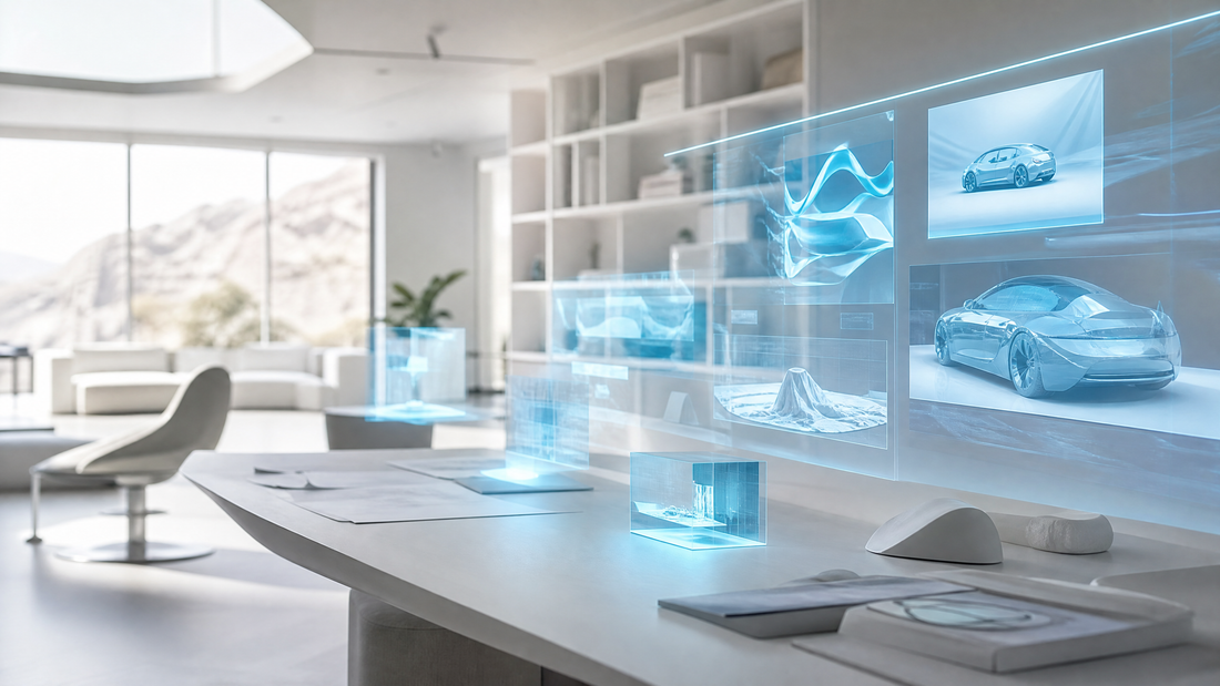 A design studio with holographic screens and digital images in cyan light.