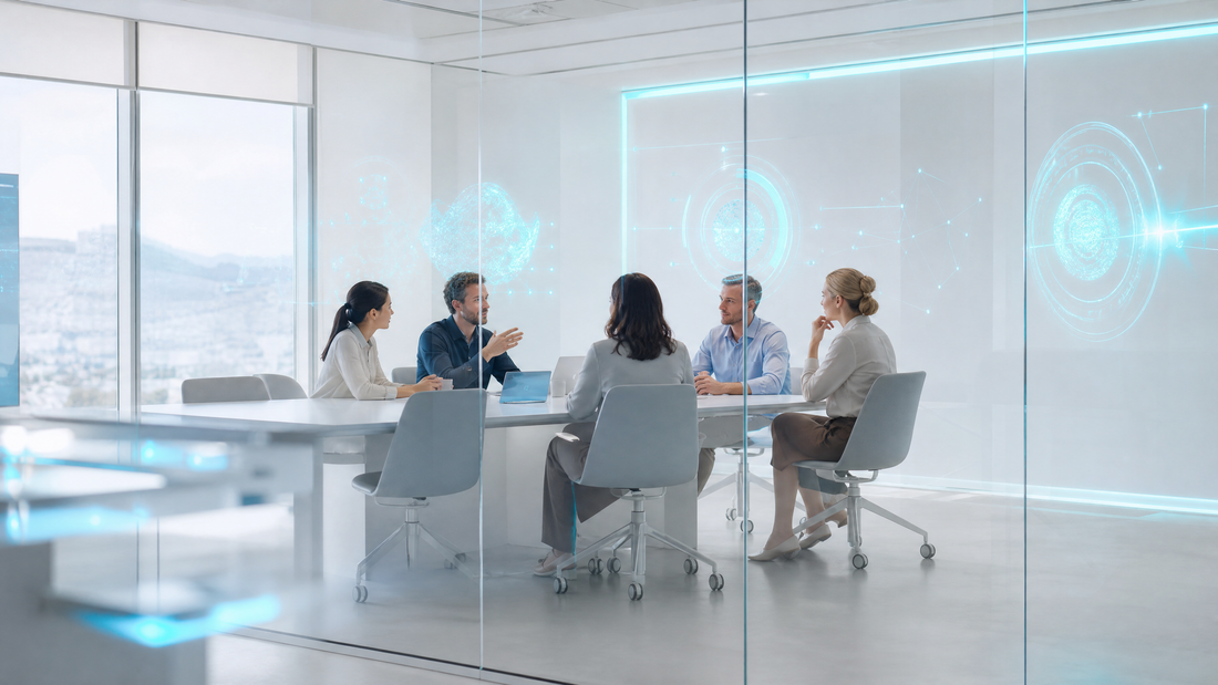 A glass-walled conference room with digital cyan diagrams projected, people discussing.
