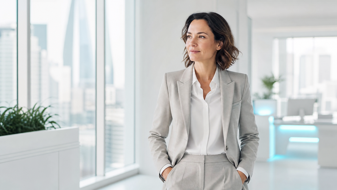 Business leader at a large office window, cityscape, cyan lighting