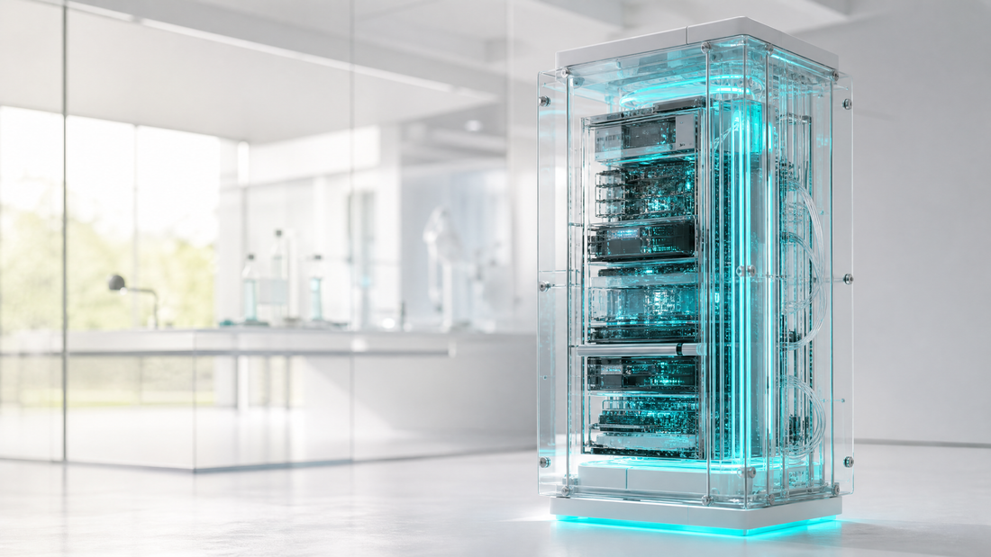 A transparent server rack glowing with cyan lights in a bright lab.