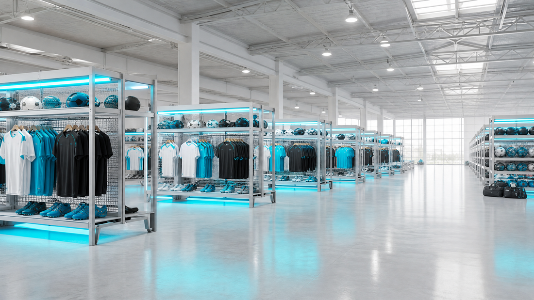Large warehouse with sports merchandise racks and cool cyan lighting.