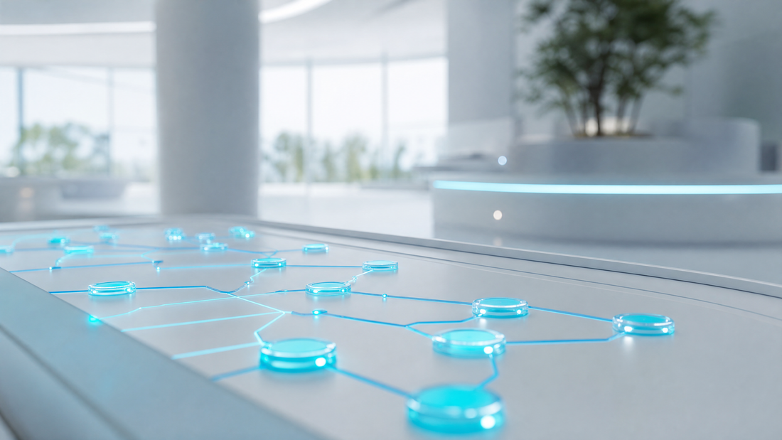 A modern control panel with AI decision pathways lit up in cyan