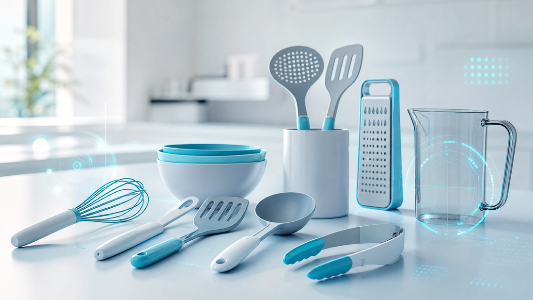 Kitchen utensils arranged on a bright cyan background.