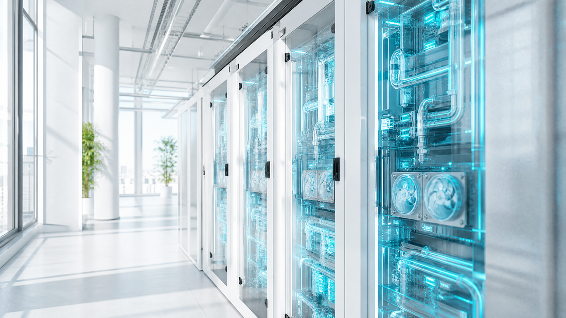 A futuristic server room with glowing cyan lights and transparent cooling systems.