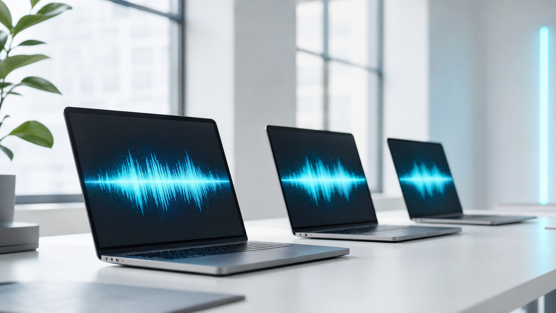 Several MacBook M4 Max laptops with animated cyan sound waves on screen.
