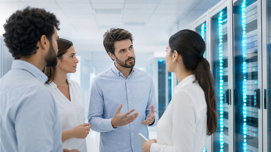 Startup founders in a brightly-lit, modern data center with blue accents.