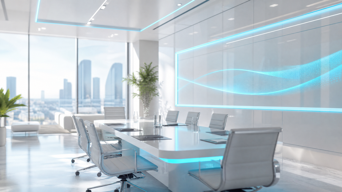 A glass-walled conference room overlooking a city skyline, filled with glowing computer screens.
