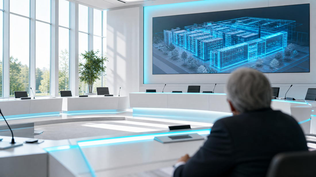 City council chamber with screens displaying data center plans.