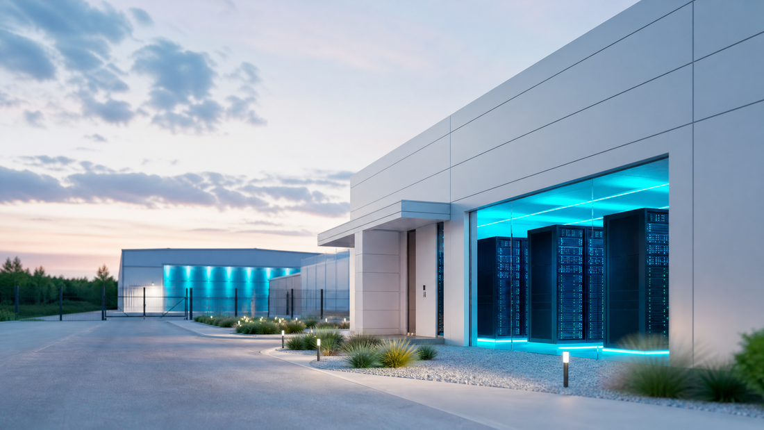 A futuristic European data center with glowing blue security lights.