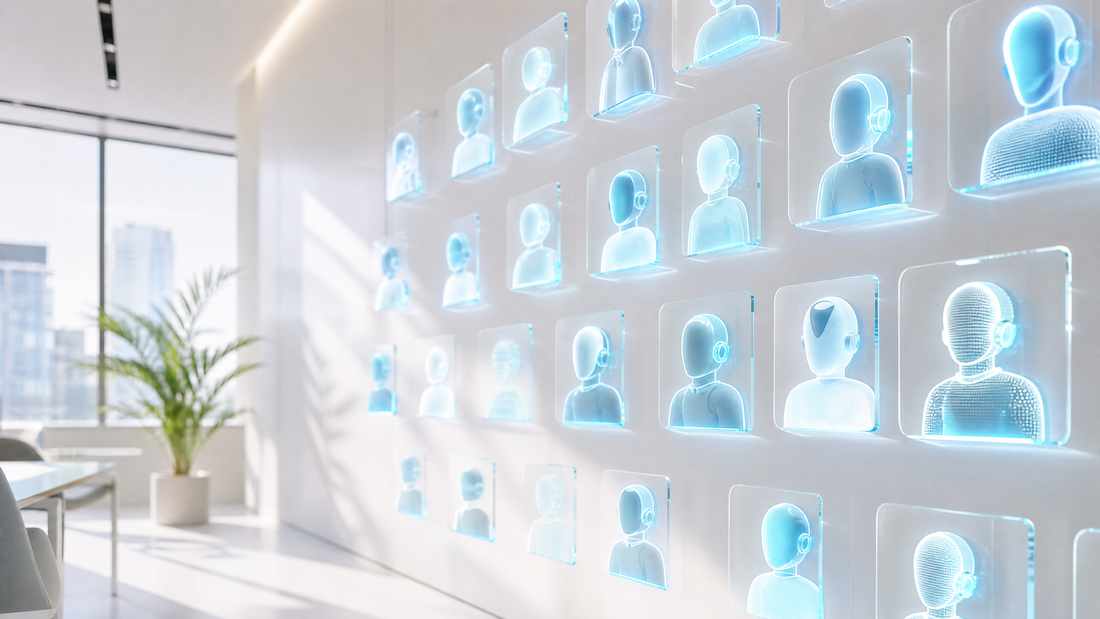 A wall of translucent AI agent icons floating in a bright, modern workspace.