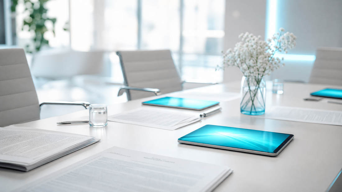 Conference table with contracts and AI-generated summaries, cyan tones.