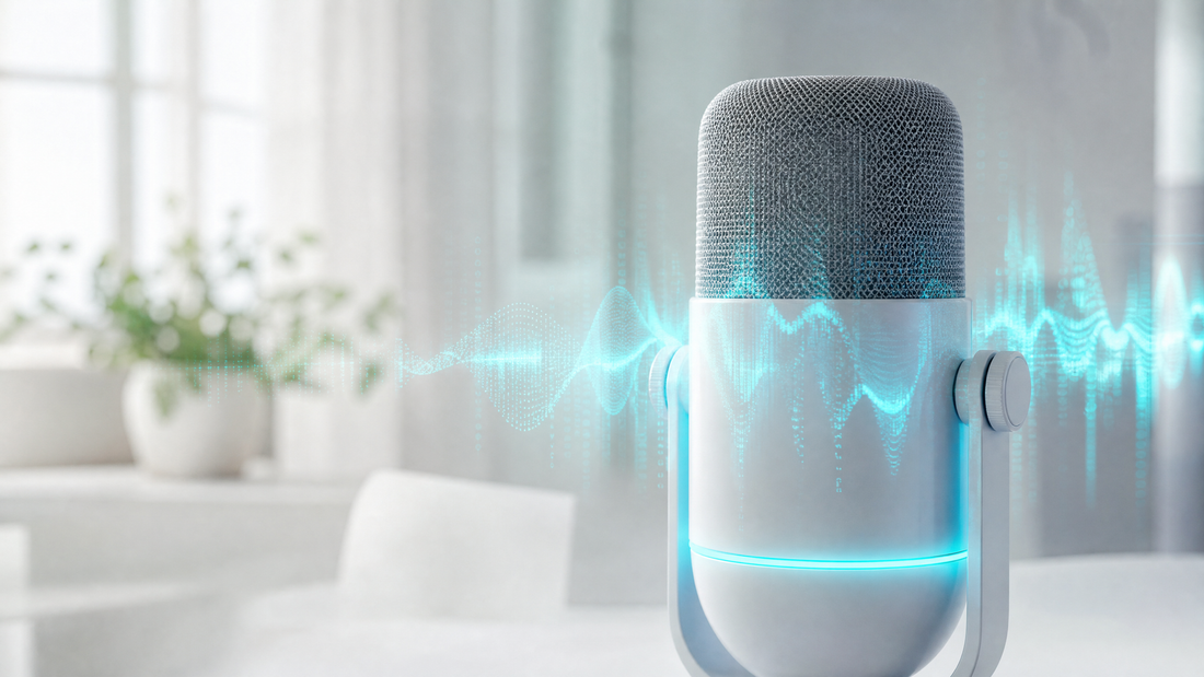 Close-up of a microphone with cyan sound waves in a bright setting.