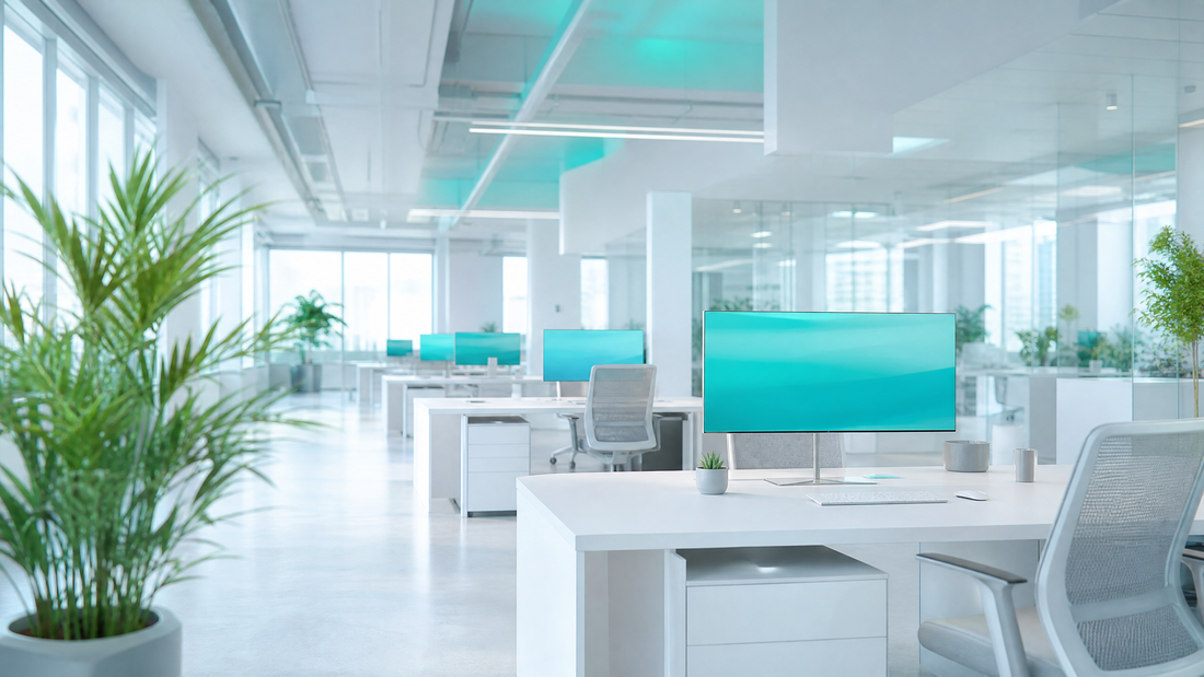 A bright, modern office floor with empty desks and digital screens, cyan lighting.