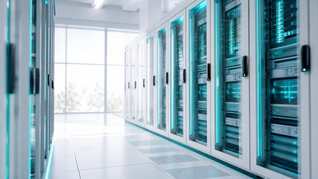 Rows of AI servers in a modern data center with cyan lights.
