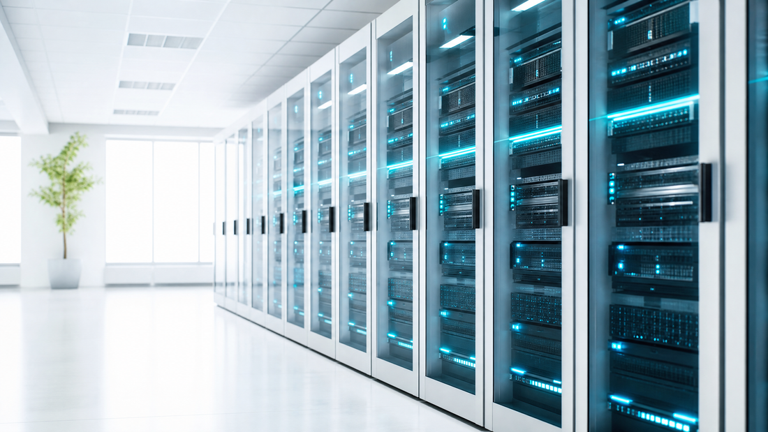 Servers with cyan lights in a clean, high-tech data center.