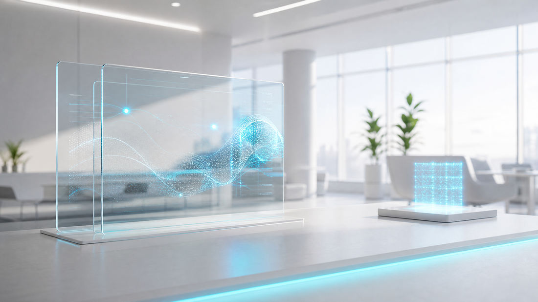 A business dashboard with AI analytics, glowing cyan highlights, and glass screens.