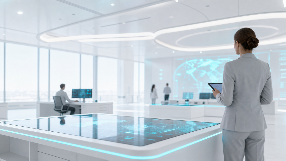 A secure data center with glowing cyan racks and a digital access terminal.