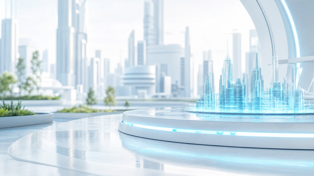 A glowing, high-tech cityscape simulation with cyan highlights and digital overlays.